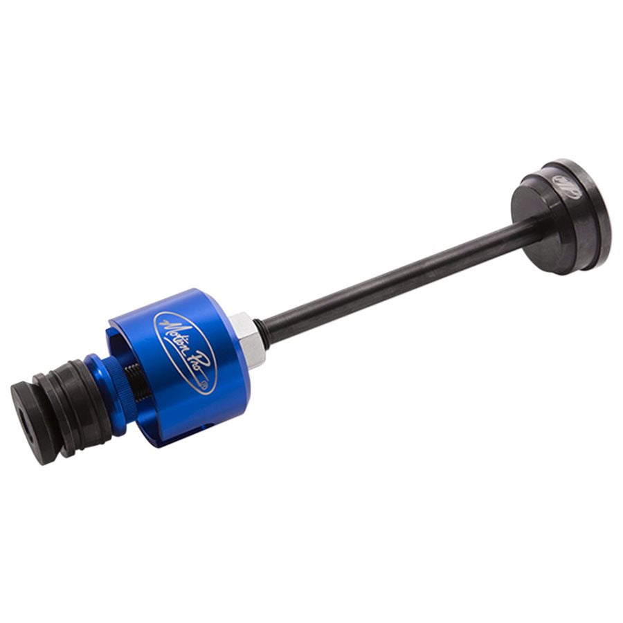 A blue hose with a black handle, designed to be used as a Motion Pro Steering Bearing Race Install/Removal Tool for Harley Davidson Motorcycles&