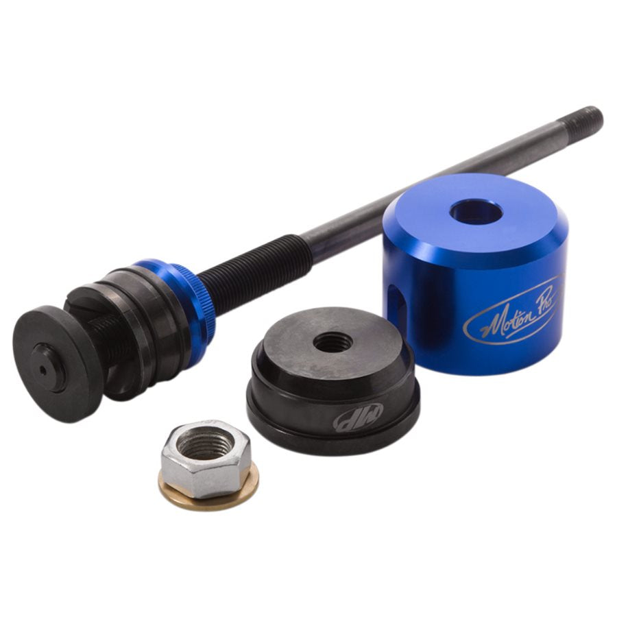 A blue and black Motion Pro nut and bolt set for a Harley Davidson motorcycle, including the Steering Bearing Race Install/Removal Tool for the steering bearing race.