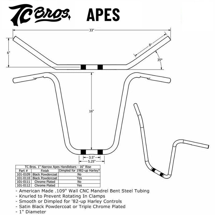 TC Bros. offers TC Bros. 1" Narrow Apes Handlebars - 16" Black, with a 16" rise.