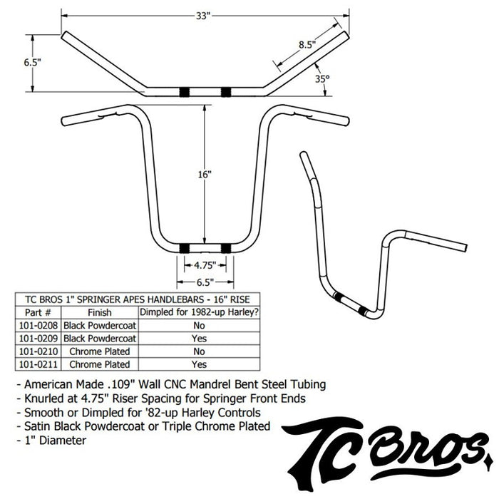 A diagram illustrating the dimensions of TC Bros. 1" Springer Apes Handlebars - 16" Black, available in either dimpled or non-dimpled styles, commonly known as Springer Apes Handlebars.