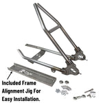 The TC Bros. Weld-On Hardtail Kit for 2004-2013 Harley-Davidson Sportster includes a frame, bracket, bolts, washers, and small hardware components—all neatly displayed on a white background.