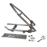 A set of steel parts for a motorcycle, including a TC Bros. Sportster Hardtail Kit For 2004-2013 (Weld On) fits Stock 130-150 Tire and a rubber mount.