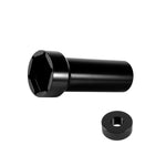 The Moto Iron® Mainshaft Sprocket/Pulley Socket Tool for Harley-Davidson features a black cylindrical metal socket with a hexagonal opening and a separate round threaded ring, shown on a white background. Ideal for Harley maintenance.