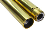 Two gold and two silver 41mm fork tubes with assorted black and silver circular parts, displayed on a white background, labeled "41MM". Ideal TC Bros. Fork Tube Kit for Harley-Davidson Big Twin with 41mm fork.