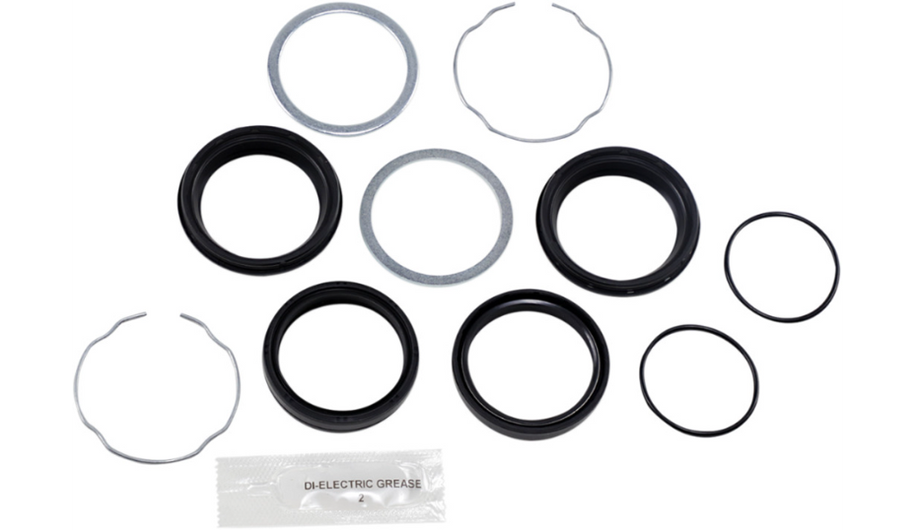A 49mm Fork Seal Kit for Dyna/Touring Wide Glide motorcycles, includes a set of rubber seals and rings manufactured by James Gaskets.