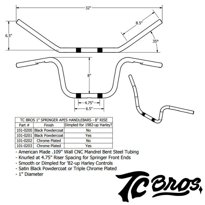 Enhance your Harley models with the sleek and stylish TC Bros. 1" Springer Apes handlebars - 8" Black. These high-quality black handlebars exude a unique charm, perfect for those looking to make a statement. Designed by TC Bros., they are the perfect addition to your ride.