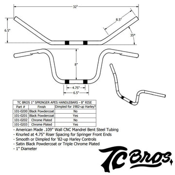 TC Bros. 1" Springer Apes Handlebars - 8" Chrome