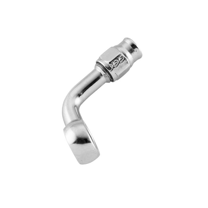 A Goodridge 7/16" 90 Degree Banjo Brake Line Fitting (Cut To Length Style) - Chrome on a white background.