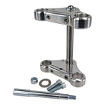 The TC Bros. Extra-Narrow Triple Tree Set for Harley-Davidson 39mm Narrowglide, including bolts, washer, nut, and axle, is displayed on a white background.