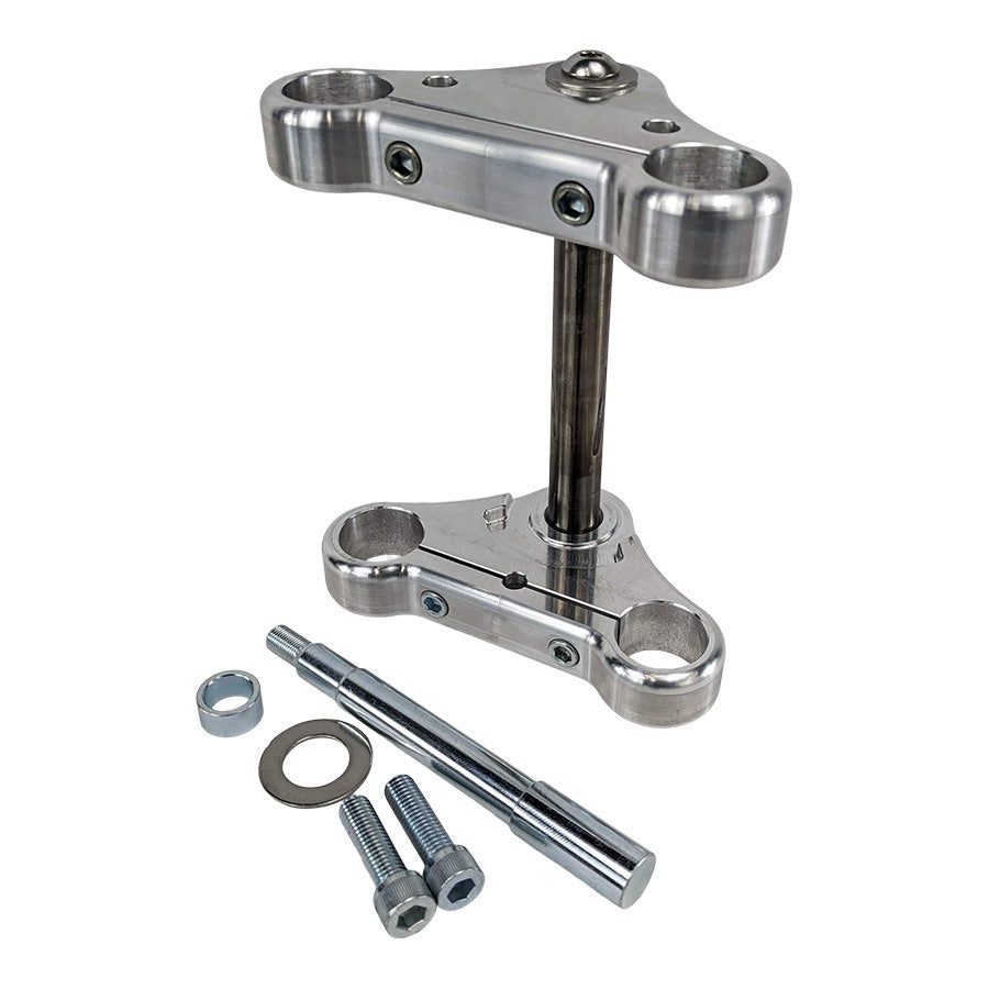 A set of TC Bros. Extra Narrow Triple Tree Set for 2004-2007 Harley Davidson Sportster clamps and bolts on a white background.