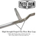 Two Moto Iron® Springer Front Ends for Harley-Davidson frames with 1" necks—one chrome, one black—are displayed side by side with a metal rod and two small parts. Ideal for custom Harley-Davidson springer setups.