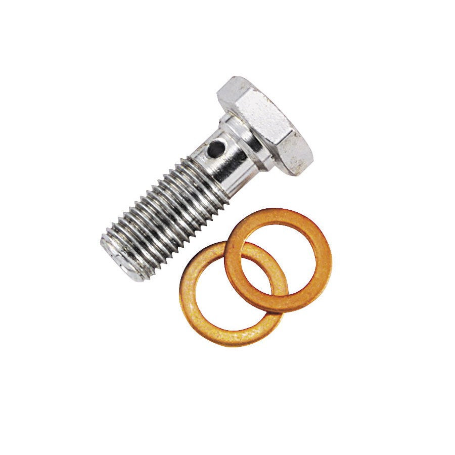 A Goodridge 7/16"-24 Banjo Bolt - Chrome and a washer on a white background.