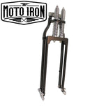 Two Moto Iron® Springer Front Ends for Harley-Davidson frames with 1" necks—one chrome, one black—are displayed side by side with a metal rod and two small parts. Ideal for custom Harley-Davidson springer setups.