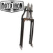 Two Moto Iron® Springer Front Ends for Harley-Davidson frames with 1" necks—one chrome, one black—are displayed side by side with a metal rod and two small parts. Ideal for custom Harley-Davidson springer setups.