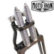 Two Moto Iron® Springer Front Ends for Harley-Davidson frames with 1" necks—one chrome, one black—are displayed side by side with a metal rod and two small parts. Ideal for custom Harley-Davidson springer setups.