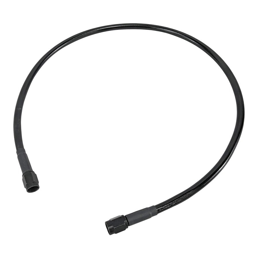 A Goodridge Universal Stainless Steel Braided Motorcycle Brake Line - Black - 54" with a black connector on it.