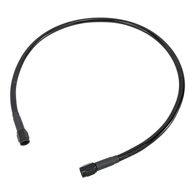 A black Universal Stainless Steel Braided Motorcycle Brake Line - Black - 34" with a black Goodridge connector, featuring stainless steel braid and PTFE liner.