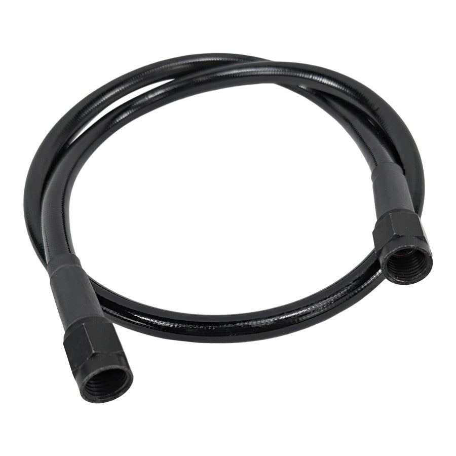 A black Universal Stainless Steel Braided Motorcycle Brake Line - Black - 28" with PTFE liner and stainless steel braid, and two Goodridge connectors on it.