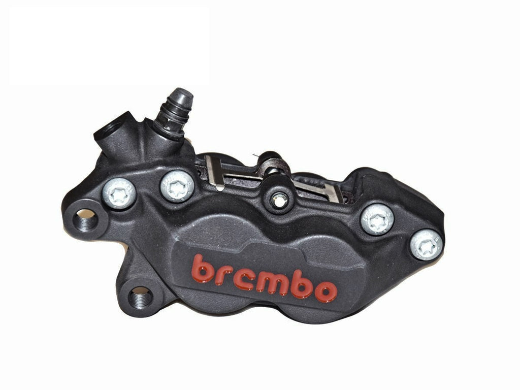 A black Brembo P4 Axial Brake Caliper Left Side Black 4 Piston (red lettering) with the word brmo on it.