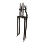 Two Moto Iron® Springer Front Ends for Harley-Davidson frames with 1" necks—one chrome, one black—are displayed side by side with a metal rod and two small parts. Ideal for custom Harley-Davidson springer setups.
