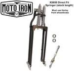 A Moto Iron® black Springer Kit for Yamaha XS650 stock length motorcycle with a pair of wheels on a white background.