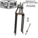 A Moto Iron® black Springer Kit for Yamaha XS650 stock length motorcycle with a pair of wheels on a white background.