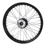 A Moto Iron® Black Rear Tracker Wheel 40 spoke 19"x 2.5" Fits Sportster 1982-2003 in a flat track style on a white background.