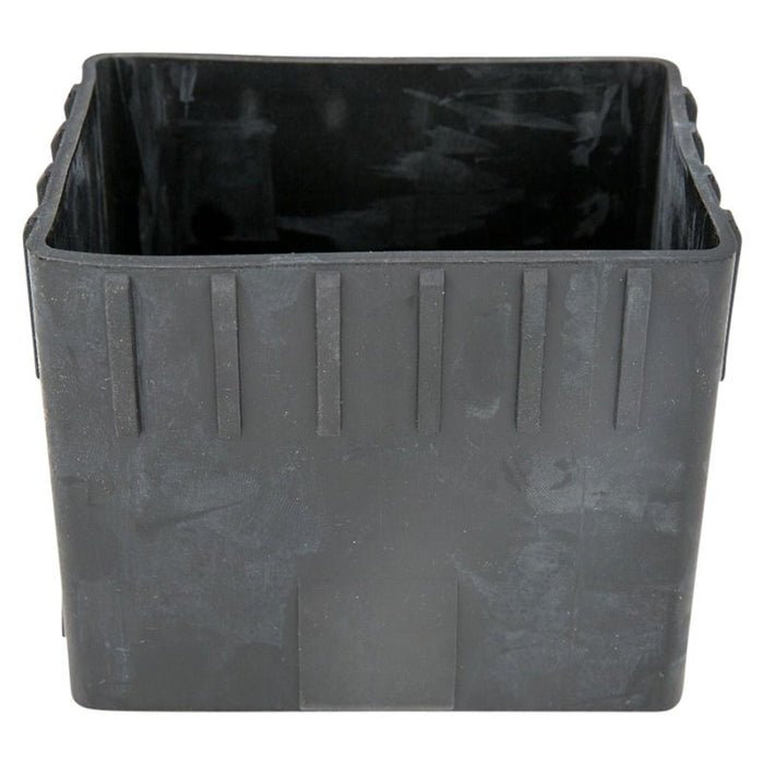 A black, rectangular plastic pot with vertical side ridges, similar to the tough rubber used in the Yamaha XS650 Rubber Battery Box Boot by Mikes XS for YTX14AH or 12N14 series batteries.