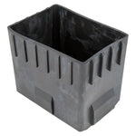 A black, rectangular plastic pot with vertical side ridges, similar to the tough rubber used in the Yamaha XS650 Rubber Battery Box Boot by Mikes XS for YTX14AH or 12N14 series batteries.