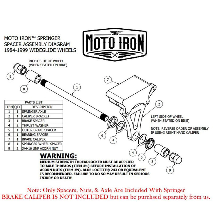 A diagram showing the parts for the Springer Front End +4" Over Black fits Harley Davidson by the Moto Iron® brand, with the Black +4" Over Stock Length.