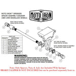 Two Moto Iron® Springer Front Ends for Harley-Davidson frames with 1" necks—one chrome, one black—are displayed side by side with a metal rod and two small parts. Ideal for custom Harley-Davidson springer setups.