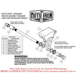 Two Moto Iron® Springer Front Ends for Harley-Davidson frames with 1" necks—one chrome, one black—are displayed side by side with a metal rod and two small parts. Ideal for custom Harley-Davidson springer setups.