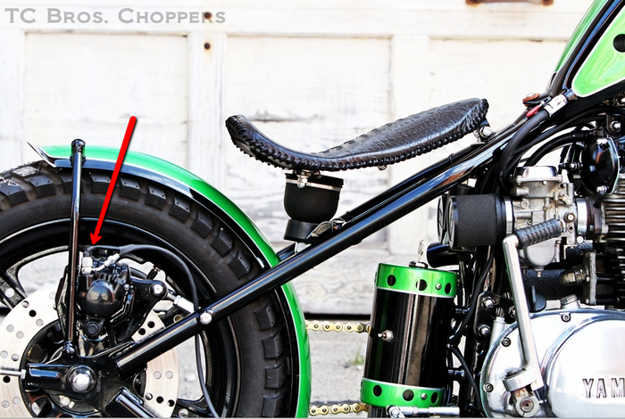 Tc bros chopper featuring custom length brake lines and a K&S Banjo Bolt Brake Switch (10mmx1.25).