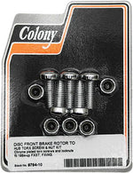 Colony Machine's Front Rotor Fasteners With Nuts for Harley-Davidson 1984-up offer a reliable hardware solution with six chrome-plated fasteners and locknuts for disc front rotor to hub fitment.