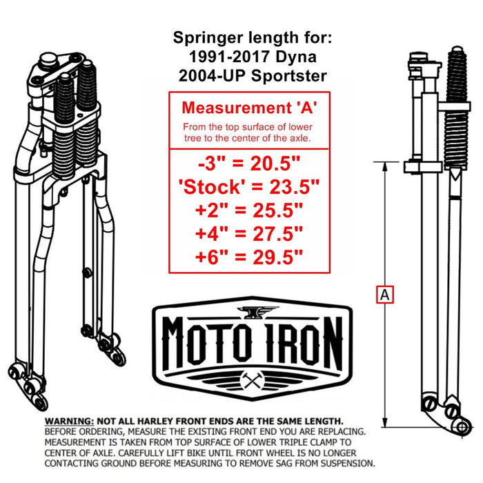 High quality Moto Iron® Wishbone Springer Front End +2" Length Chrome fits Dyna 1991-17 & Sportster 04-up spring length for Harley Dyna 1992-2017 & Sportster 2004-Newer.