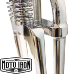 Two Moto Iron® Springer Front Ends for Harley-Davidson frames with 1" necks—one chrome, one black—are displayed side by side with a metal rod and two small parts. Ideal for custom Harley-Davidson springer setups.