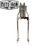 Two Moto Iron® Springer Front Ends for Harley-Davidson frames with 1" necks—one chrome, one black—are displayed side by side with a metal rod and two small parts. Ideal for custom Harley-Davidson springer setups.