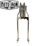 Two Moto Iron® Springer Front Ends for Harley-Davidson frames with 1" necks—one chrome, one black—are displayed side by side with a metal rod and two small parts. Ideal for custom Harley-Davidson springer setups.