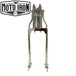Two Moto Iron® Springer Front Ends for Harley-Davidson frames with 1" necks—one chrome, one black—are displayed side by side with a metal rod and two small parts. Ideal for custom Harley-Davidson springer setups.