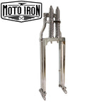 Two Moto Iron® Springer Front Ends for Harley-Davidson frames with 1" necks—one chrome, one black—are displayed side by side with a metal rod and two small parts. Ideal for custom Harley-Davidson springer setups.
