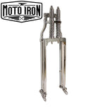 Two Moto Iron® Springer Front Ends for Harley-Davidson frames with 1" necks—one chrome, one black—are displayed side by side with a metal rod and two small parts. Ideal for custom Harley-Davidson springer setups.