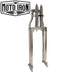 Two Moto Iron® Springer Front Ends for Harley-Davidson frames with 1" necks—one chrome, one black—are displayed side by side with a metal rod and two small parts. Ideal for custom Harley-Davidson springer setups.
