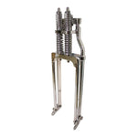 Two Moto Iron® Springer Front Ends for Harley-Davidson frames with 1" necks—one chrome, one black—are displayed side by side with a metal rod and two small parts. Ideal for custom Harley-Davidson springer setups.