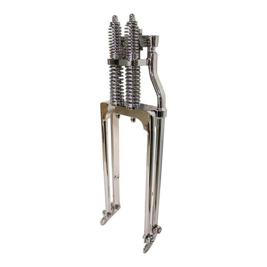 Two Moto Iron® Springer Front Ends for Harley-Davidson frames with 1" necks—one chrome, one black—are displayed side by side with a metal rod and two small parts. Ideal for custom Harley-Davidson springer setups.