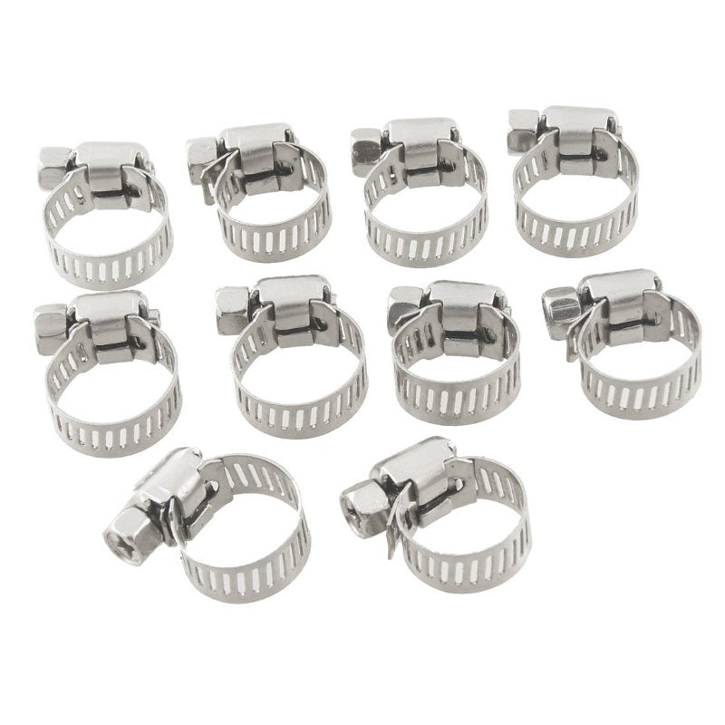 A set of Mid-USA Fuel and Oil Line Stainless Hose Clamps For 7/16" TO 11/16" OD Hose (10 Pack) HD #10014, perfect for emergency repairs on fuel and oil lines, on a white background.