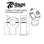 Two shiny TC Bros. 2" Classic Stainless Risers for 1" Diameter Handlebars on 1" Diameter Handlebars by TC Bros.