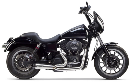 A black Two Brothers motorcycle parked on a white background.
