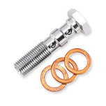 Six Goodridge Banjo Bolts and seven copper washers by Goodridge are arranged on a white background, showcasing key components for brake lines and fluid transfer systems.