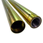 A close up of a TC Bros. Gold Titanium Nitride Coated Fork Tubes "+2" Length" 49mm for FXD/FXDWG Dyna Wide Glide.