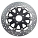 A close-up of the TC Bros. 11.5" Rear Floating Brake Rotor for 2000-2023 Harley-Davidson, featuring a circular, perforated design with a black center hub and silver outer edge.